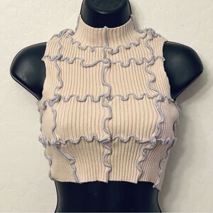 Knit Cream and Purple Ribbed lettuce Ruffled Sleeveless Crop Mock Tank Top S
